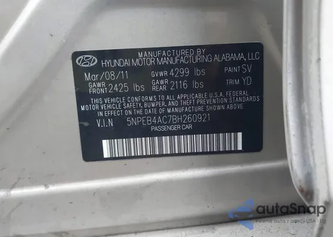 2011 Hyundai Sonata Gls z USA, uszkodzony, nr VIN 5NPEB4AC7BH260921